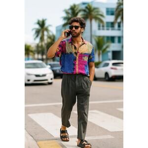 Vintage 90s Abstract Print Silk Shirt | Oversized Miami Art Gallery Cool Boy EUC